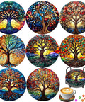 Diamond Art Coasters 8 Pack With Holder For Adults DIY Diamond Painting Coaster Kit 4X4 Inches Trees Design Heat Insulated Non Slip
