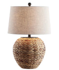 Natural Water Hyacinth Farmhouse Basket Table Lamp 24.5 Inch With Light Gray Linen Shade For Cozy Coastal Vibes In Living Room Bedroom And Nightstand LED Bulb Included, front view