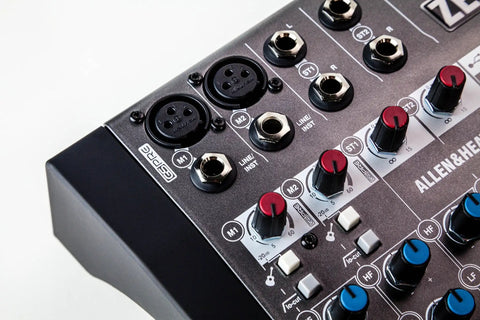 Close-up of ZEDi-8 Compact Hybrid Audio Mixer and USB Interface GS Pre preamps and input knobs for home studio and live gigs.