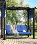 Three Seat Porch Swing Bed With Adjustable Curtains And Cushions For Outdoor Metal Patio Hammock Swing Chair Porch Backyard Garden