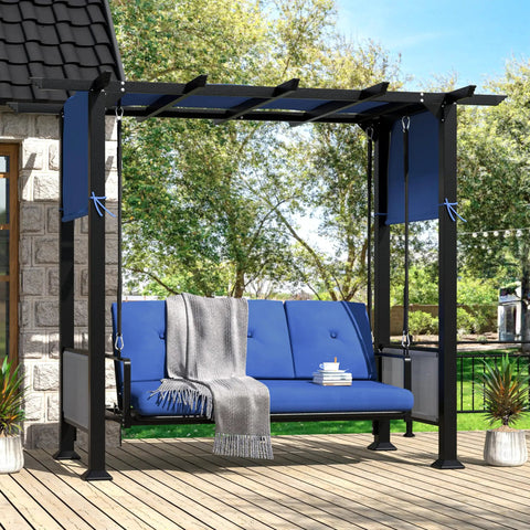 Three Seat Porch Swing Bed With Adjustable Curtains And Cushions For Outdoor Metal Patio Hammock Swing Chair Porch Backyard Garden