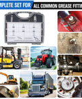 Complete Grease Fitting Replacement Kit With Zerk Tools And SAE And Metric Fittings for various machinery shown on white background