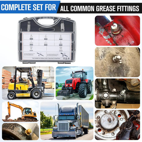 Complete Grease Fitting Replacement Kit With Zerk Tools And SAE And Metric Fittings for various machinery shown on white background