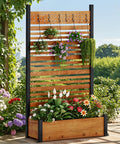 72 Inch Outdoor Privacy Fence Panel with Planter Box and Trellis for Backyard and Patio Privacy, Brown Natural Wood with Classic Grain.