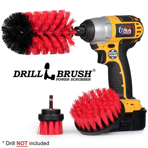 Drill Powered Outdoor Cleaning Brush Kit For Patio, Deck, Concrete And Gutters, heavy duty scrub set with red brushes