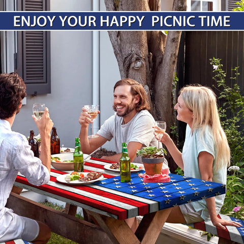 Flag Themed Picnic Table Cover With Bench Covers Set Wood Grain Look Waterproof Windproof No Hassle Outdoor Tablecloth Fitted For 72 Inch Tables And 12 Inch Benches Three Piece Kit Red with friends enjoying a meal outdoors.