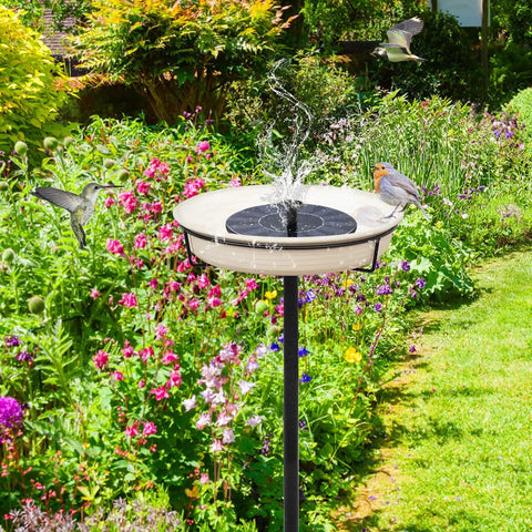 Heavy Duty Outdoor Bird Bath With Detachable Bowl And Feeder, 35.5 Inch Tall Stand, Metal Stake Base, in a garden with birds
