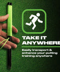 Hand holding Pro Grade Triple Bead Golf Putting Alignment String Line Neon Green Visual Guide Tool for practice.