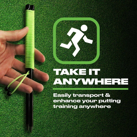 Hand holding Pro Grade Triple Bead Golf Putting Alignment String Line Neon Green Visual Guide Tool for practice.