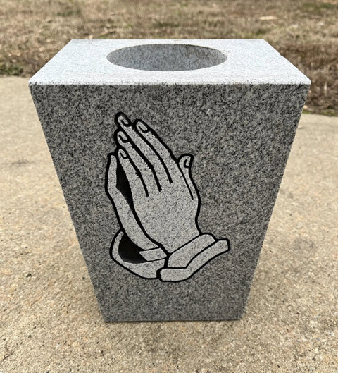 Tapered Granite Gravesite Vase With Engraved Design Gray Georgia Granite 8 By 6 By 10 Inches Handcrafted USA Made Memorial Cemetery Accessory
