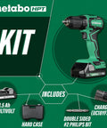 18V MultiVolt Cordless Sub-Compact Drill Kit With 1/2 Inch Chuck, Dual 2.0Ah Batteries With Fuel Gauge, Brushless Motor Delivers 485 In-Lbs Torque, Lifetime Tool Warranty, DS18DDXS displayed with accessories including charger, double sided bit, hard case, and battery.