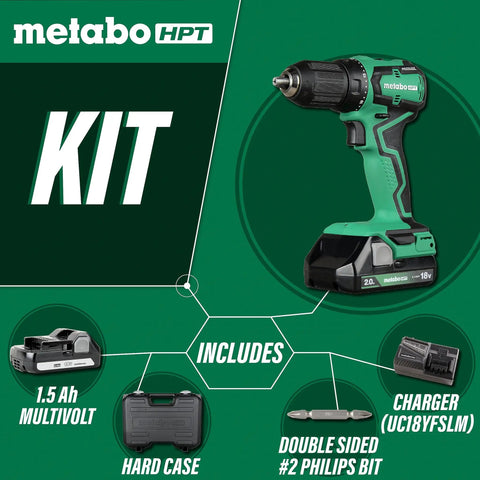 18V MultiVolt Cordless Sub-Compact Drill Kit With 1/2 Inch Chuck, Dual 2.0Ah Batteries With Fuel Gauge, Brushless Motor Delivers 485 In-Lbs Torque, Lifetime Tool Warranty, DS18DDXS displayed with accessories including charger, double sided bit, hard case, and battery.