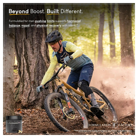 Cyclist on mountain trail with Self Obsessed Maxxed 10-In-1 Men's Vitality Formula With PrimaVie Shilajit in foreground