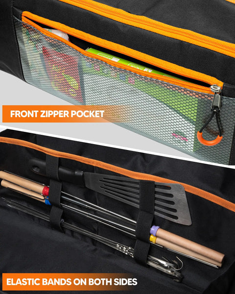22 Inch Grill Tool Storage Bag with dual compartments showing elastic bands and front zipper pocket, 600D polyester