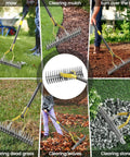 Dual Head 19 Tooth Thatch Rake 55 Inch Heavy Duty Dethatcher for loosening soil and gathering leaves shown in various uses