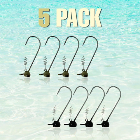 Dense Tungsten Stand Up Shaky Head Jig Heads With Screw Lock Keeper Provide A Straight Fire Finesse Bass Presentation In Green Pumpkin One Quarter Ounce Five Pack in water.