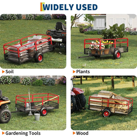 Heavy Duty ATV UTV Trailer Dump Cart Tow Behind with 1600 lbs capacity and 22 cubic feet yard garden trailer removable sides in use