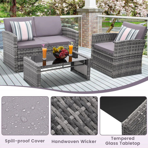 Four-Piece Outdoor Patio Furniture Set With Wicker Rattan Modular Sectional Sofa With Cozy Cushions And Glass Table All Weather