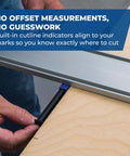 Heavy Duty Straight Edge Guide XL 98 Inch Circular Saw Rail showing built-in cutline indicators on a wooden board for precision cutting.