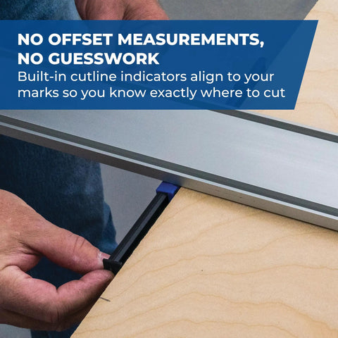 Heavy Duty Straight Edge Guide XL 98 Inch Circular Saw Rail showing built-in cutline indicators on a wooden board for precision cutting.