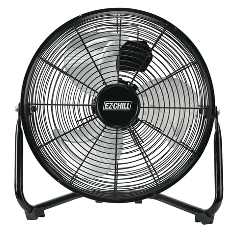 Front view of Black 12-Inch Cradle Floor Fan With 3-Speed High-Velocity Airflow, 180-Degree Tilt, All-Metal Build, Rubber Feet, Carry Handle