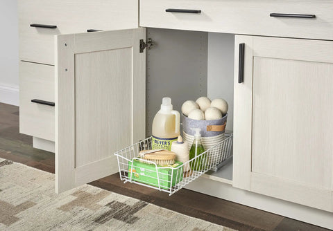 Top Shelf Pull Out Cabinet Organizer, Heavy Duty Pantry Drawer Rack For Kitchen Laundry Room, Rock Solid Slide Out Storage Rack For Pots Towels And Cleaning Supplies, Clean White, with cleaning supplies visible inside cabinet.