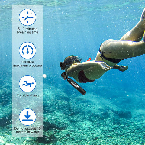 Diver using 0.5L Mini Scuba Tank With Pump, Portable Diving Cylinder, DOT Certified, 3000 PSI Max Pressure underwater.