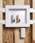 Quadtro Washing Machine Outlet Box With Hammer Arrestors, One Quarter Turn, Copper, Heavy Duty 2 Inch Drain Opening installed in wall