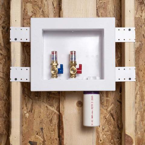 Quadtro Washing Machine Outlet Box With Hammer Arrestors, One Quarter Turn, Copper, Heavy Duty 2 Inch Drain Opening installed in wall
