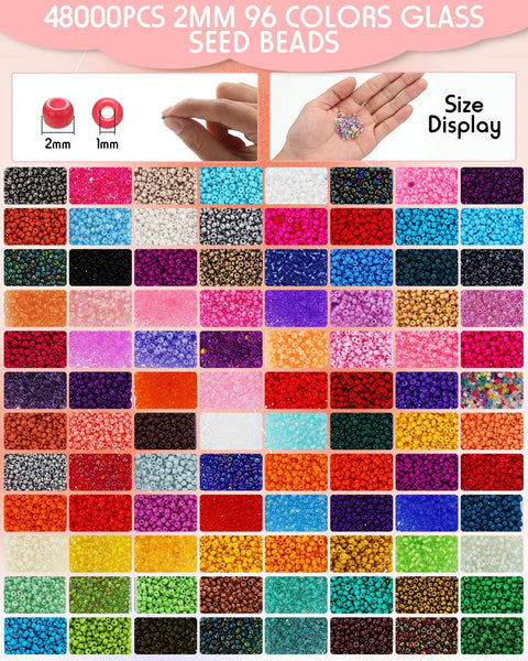 Bead Loom Kit For Adults With 48000 Glass Seed Beads In 96 Colors 2 Mm, various bead colors displayed with size comparison