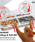 Close-up of 2026 Window Bird Feeder With Windproof Tray Lock showing lock mechanism and interior seed compartments with squirrel paw.