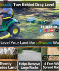 Tow Behind Drag Harrow Driveway Grader For Riding Mowers attached to lawn tractor smoothing field.