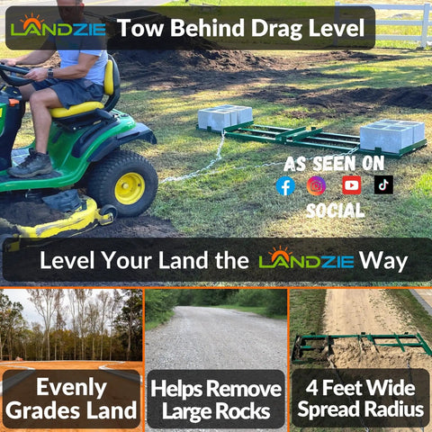 Tow Behind Drag Harrow Driveway Grader For Riding Mowers attached to lawn tractor smoothing field.