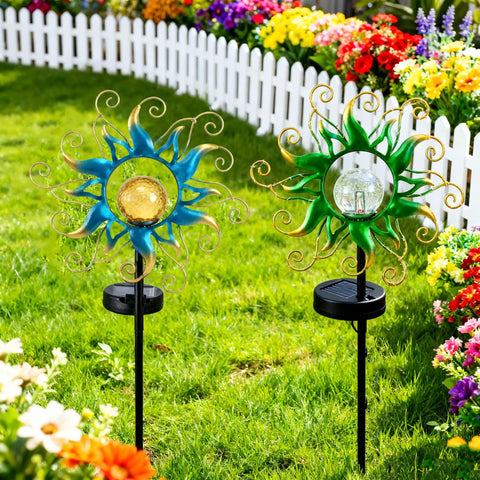 Outdoor Light Stakes for Garden Decor With Blue Metal Sun Crackle Glass Globes Waterproof 30 LED Pathway Lawn Yard Patio Lights Warm Fixed Glow Perfect Gift for Women and Moms in garden