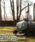 Man riding lawn mower in park with 'Quality For Your Lawn's Care, Positive Emotions In Every Part' text overlay
