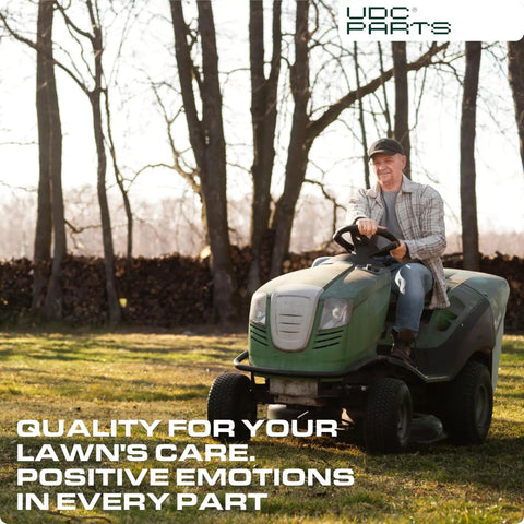 Man riding lawn mower in park with 'Quality For Your Lawn's Care, Positive Emotions In Every Part' text overlay