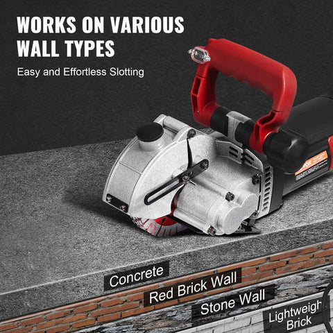 Powerful 4800W Wall Chaser With Laser Guide 6500 RPM For Precise Concrete Grooving displayed on wall, showing cutting action.
