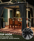 10X10 Outdoor Gazebo With Double Roof For Extra Shade And Ventilation Curtains And Mesh Netting For Bug Free Relaxation Heavy Duty Steel Frame With Ceiling Hook UPF 30 Plus Protection For Backyard Deck Or Lawn shown on a wooden deck.