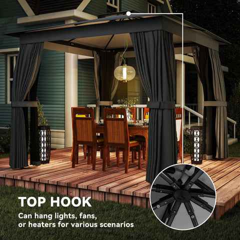 10X10 Outdoor Gazebo With Double Roof For Extra Shade And Ventilation Curtains And Mesh Netting For Bug Free Relaxation Heavy Duty Steel Frame With Ceiling Hook UPF 30 Plus Protection For Backyard Deck Or Lawn shown on a wooden deck.