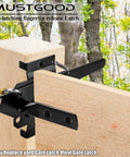 Heavy Duty Gate Latch For Wood Fence Featuring A Self Locking Automatic Release And A Durable Black Coating mounted on wood.
