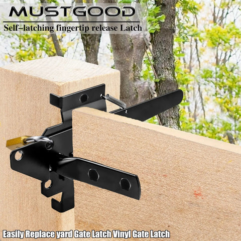 Heavy Duty Gate Latch For Wood Fence Featuring A Self Locking Automatic Release And A Durable Black Coating mounted on wood.