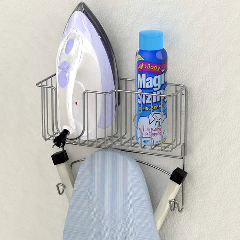 Space Saving Over The Door And Wall Mount Ironing Board Holder with iron and spray in laundry room