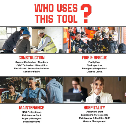 Image showing professionals using Emergency Fire Sprinkler Shutoff Wrench in construction, fire rescue, maintenance and hospitality.