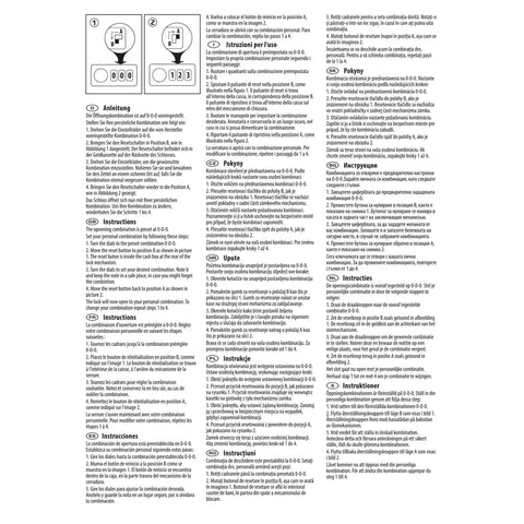 Instruction manual in multiple languages for programming a 3-digit combination lock.