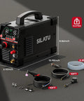Dual Voltage Plasma Cutter 110V And 220V, 55A Pilot Arc With LED Display, showing dimensions and accessories on a gray surface.