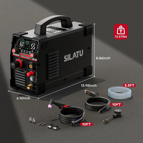 Dual Voltage Plasma Cutter 110V And 220V, 55A Pilot Arc With LED Display, showing dimensions and accessories on a gray surface.