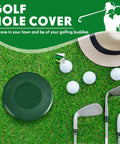 Six Pack Golf Hole Cup Covers For Backyard Putting Green Practice Aids on grass with hat and golf clubs