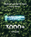 LiFePO4 battery graphics over forest background, promoting 3000+ cycles and 10-year lifespan for On The Go Portable Power Station 300W 256Wh Solar Generator