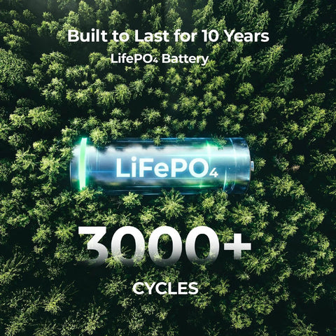 LiFePO4 battery graphics over forest background, promoting 3000+ cycles and 10-year lifespan for On The Go Portable Power Station 300W 256Wh Solar Generator
