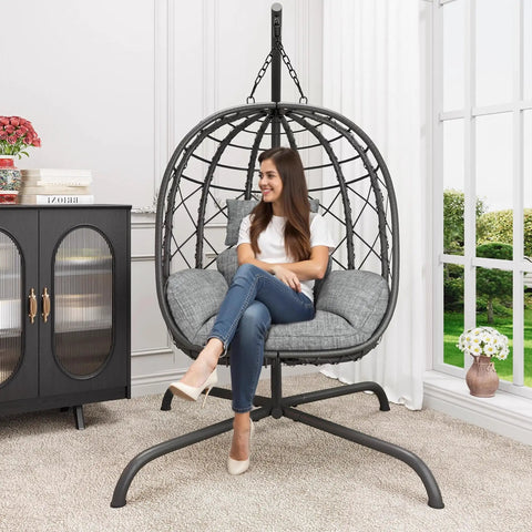 Cozy Hanging Egg Chair With Stand For Indoor Outdoor Use Wicker Rattan Swing Hammock With Thick Cushion 400 Lb Capacity Yard Vibes Ready Patio Decor For Bedroom And Backyard
